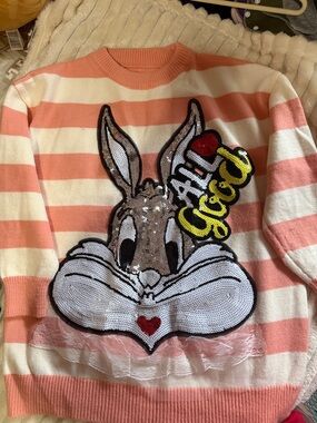 Striped Sequin Bunny Patch Sweater in Peach & White
